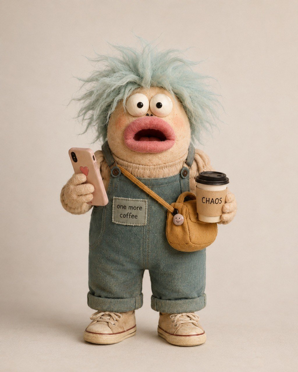 Mimo, a round handmade puppet with messy mint-blue hair and surprised eyes, holding a phone and a coffee cup labeled Chaos