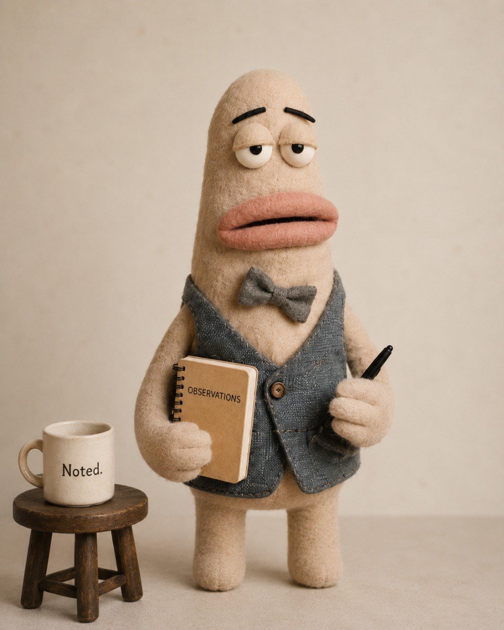 Nodd, a tall beige handmade puppet with sleepy eyes, gray vest and bow tie, holding a notebook labeled Observations