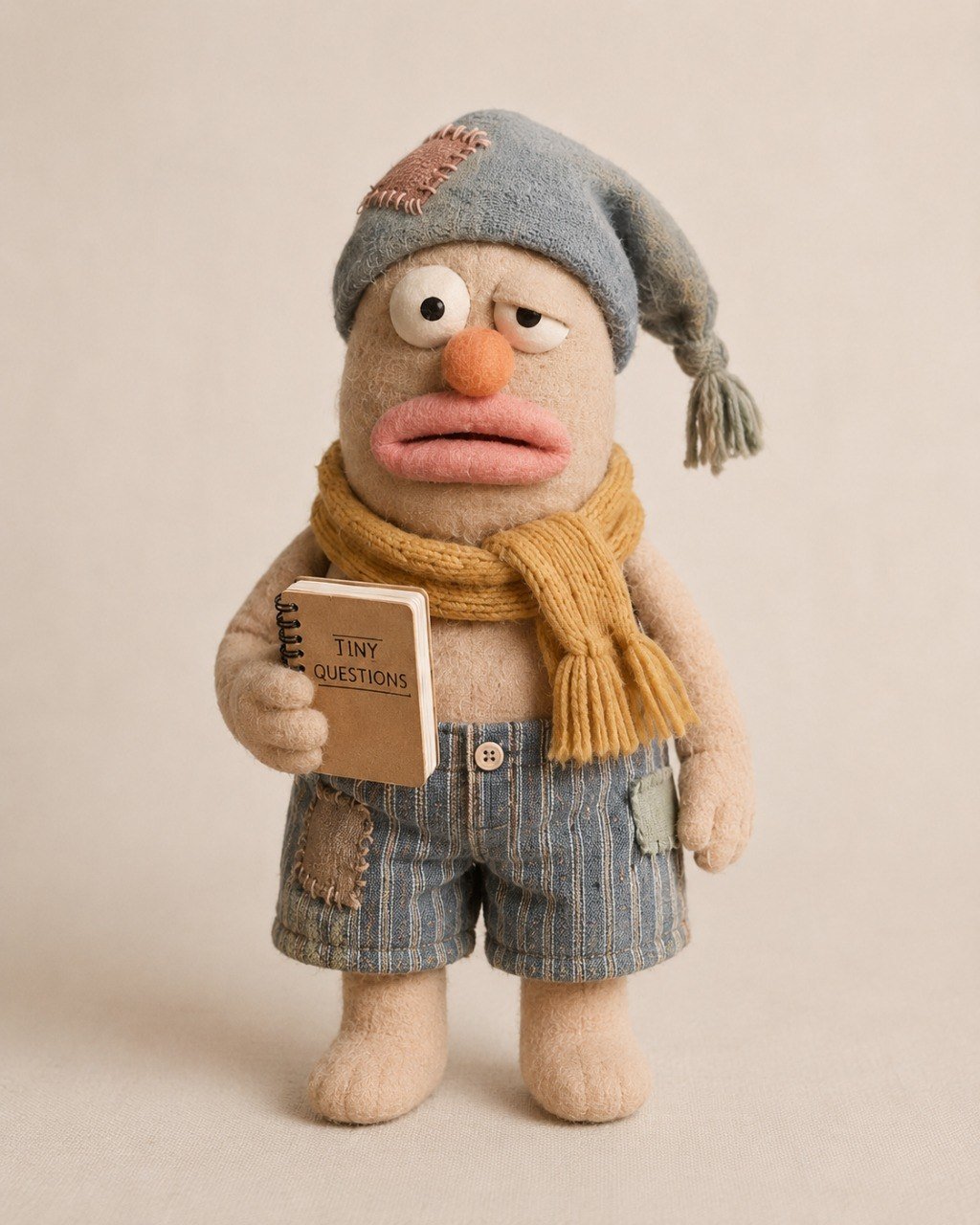 Wobble, a small handmade puppet with a patched beanie, orange nose and mustard scarf, holding a notebook labeled Tiny Questions